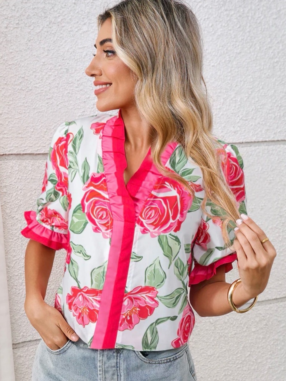 ENTRO Pink Rose Floral Ruffle Puff Sleeve Blouse Top